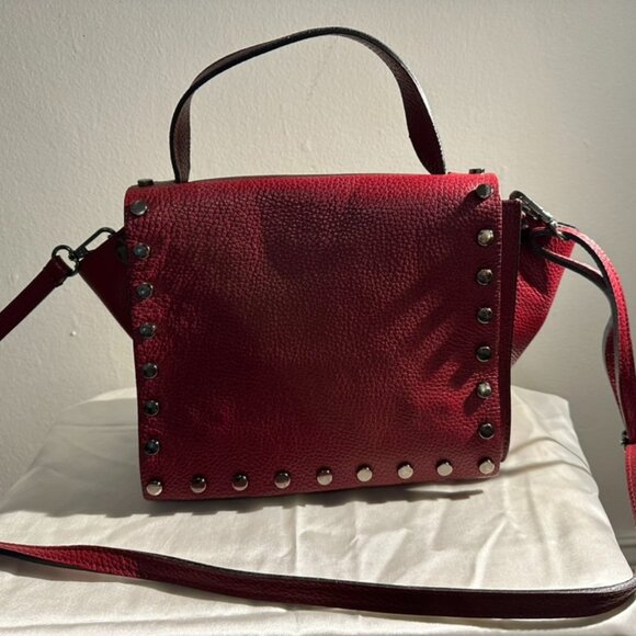 CARLA FERRERI Handbags - Red Pebbled Leather Crossbody Bag with Studded Detailing